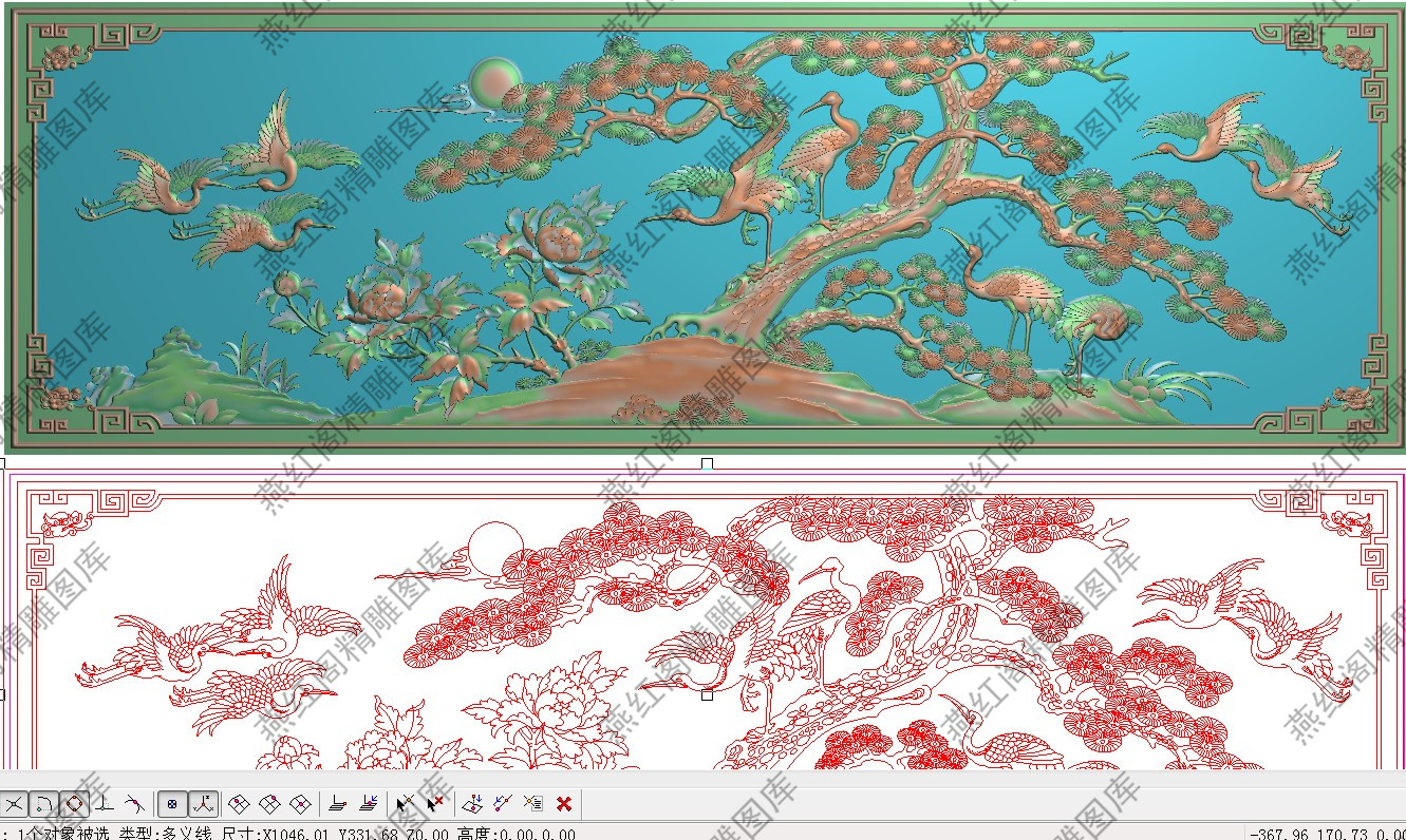 精雕图浮雕图牡丹花鸟沙发大背板飞鹤横板1046x331松树仙鹤延年