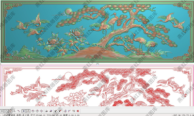 精雕图浮雕图牡丹花鸟沙发大背板飞鹤横板1046x331松树仙鹤延年