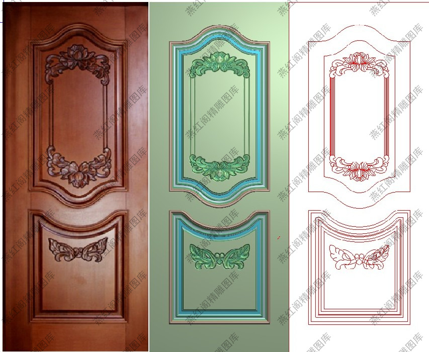 新款牡丹花门精雕图灰度图木门浮雕图精品欧式洋花门上下花板套图