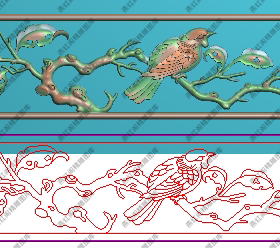花鸟横板精雕图灰度图浮雕图雕刻图 精品葡萄花鸟背上花长1039x89