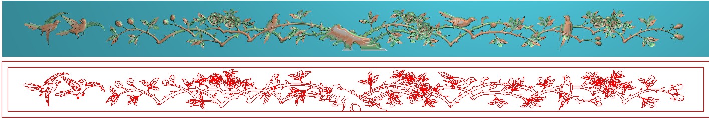 裙板精雕图灰度图浮雕图电脑雕刻图 玉兰花鸟床底花板牙板1150x72