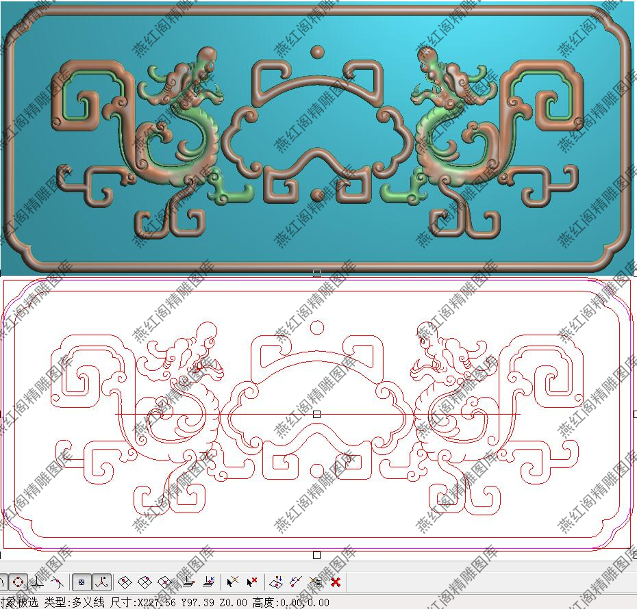 精雕图灰度图浮雕图精品简单博古草龙抽斗围板抽屉拉手扣手227x97