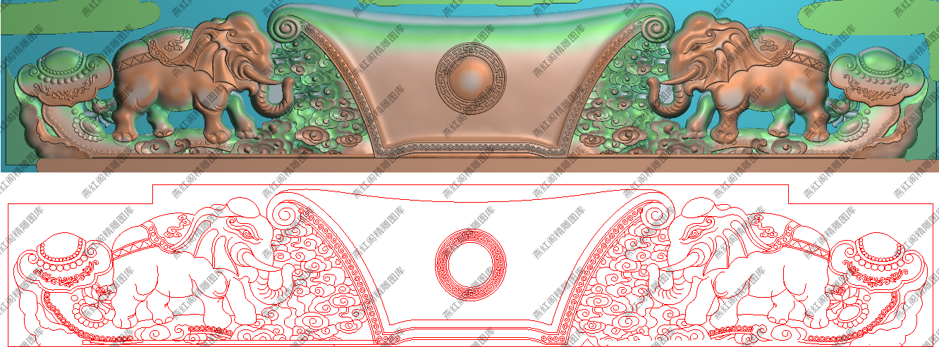 祥云象头沙发单人脑精雕图灰度图浮雕图大象如意单椅靠头992x174