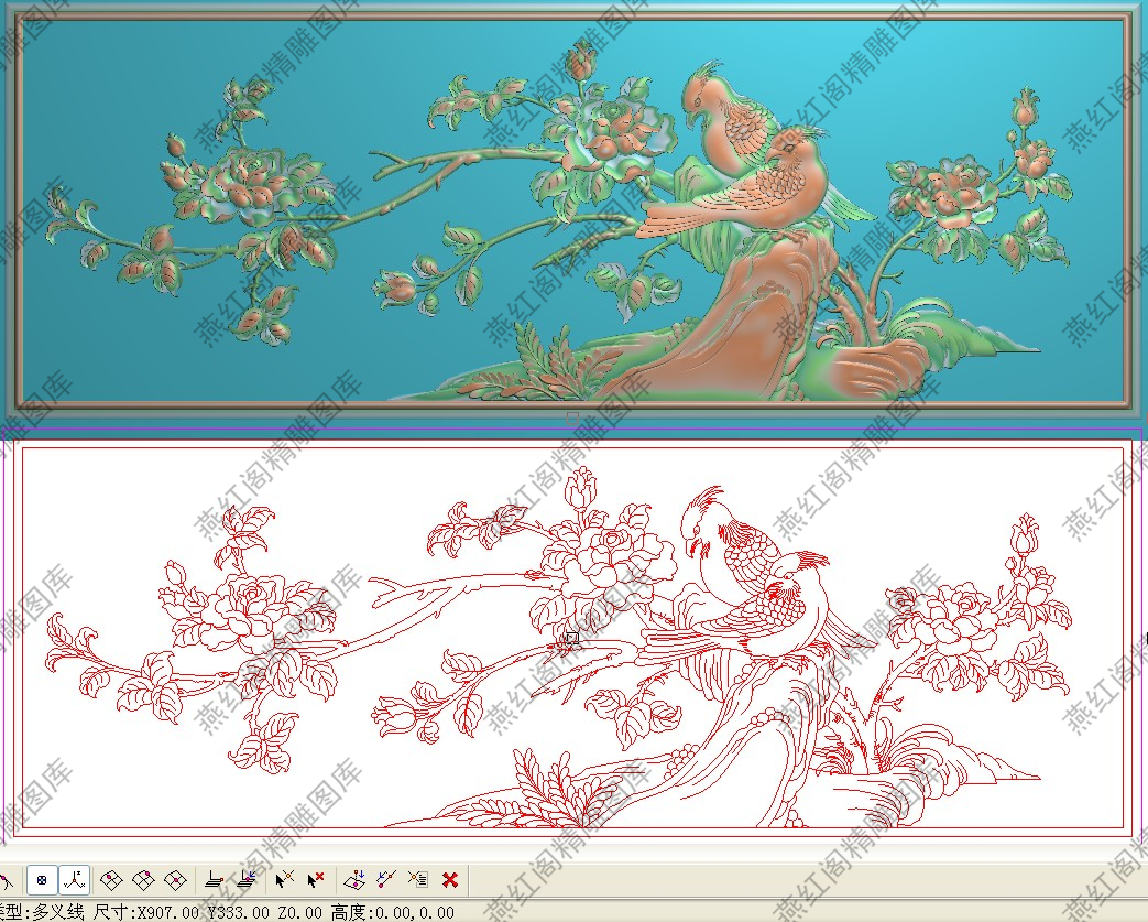 月季花鸟精雕图灰度图浮雕图精品牡丹花鹦鹉沙发床背板横907x333