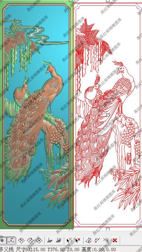 新款孔雀精雕图花鸟餐椅背板灰度图浮雕图葡萄孔雀门板竖115x376