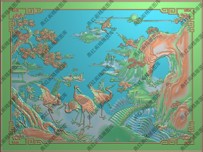 精雕图灰度浮雕松鹤山水平几面板横挂屏方板壁画1259x946木雕石雕