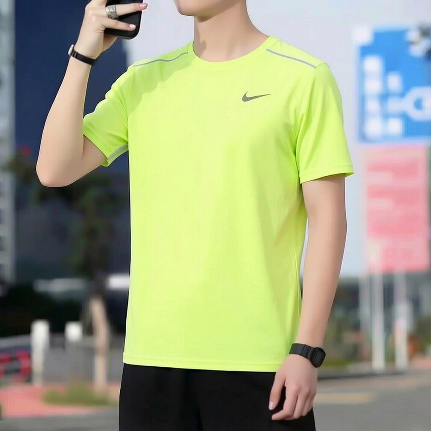 Nike耐克冰丝速干T恤男子跑步短袖薄款透气运动服正品黄绿色上衣