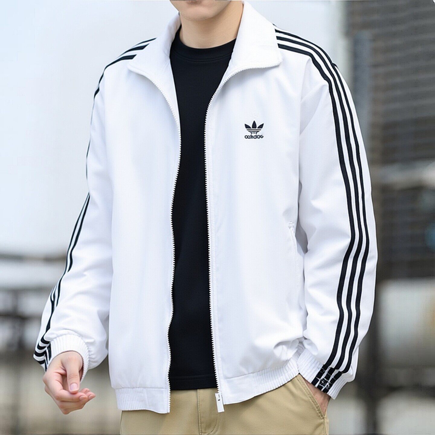 阿迪达斯三叶草男士运动夹克白色立领拉链外套三条杠休闲上衣潮流