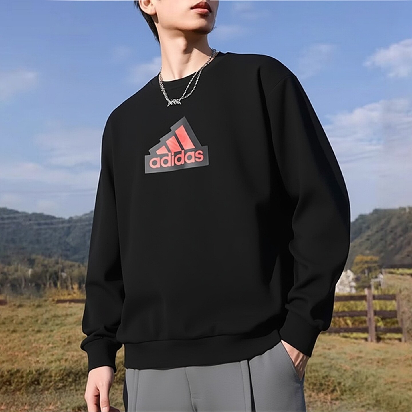 阿迪达斯纯棉卫衣男新款正品宽松圆领打底衫长袖黑色运动服男外套