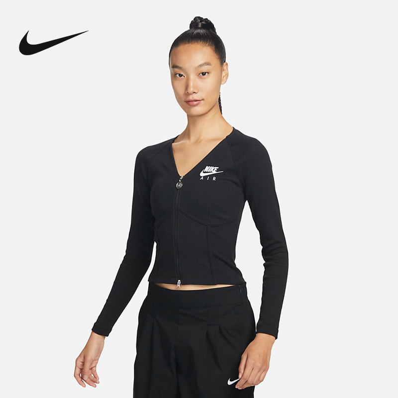 nike耐克女正品舒适短款休闲拉链紧身长袖T恤鱼骨上衣FD2377-100