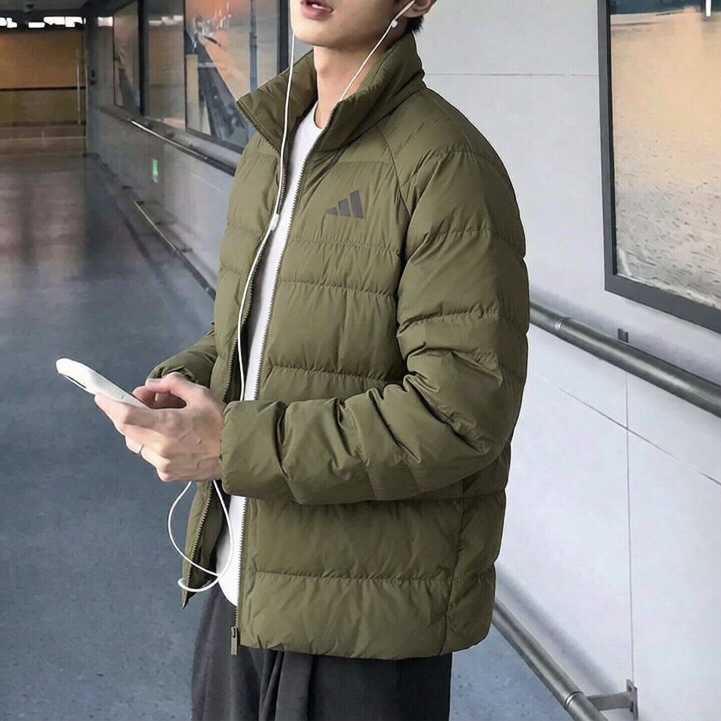 阿迪达斯排骨棉服男秋冬款绿色立领加厚外套复古运动宽松拒水棉袄