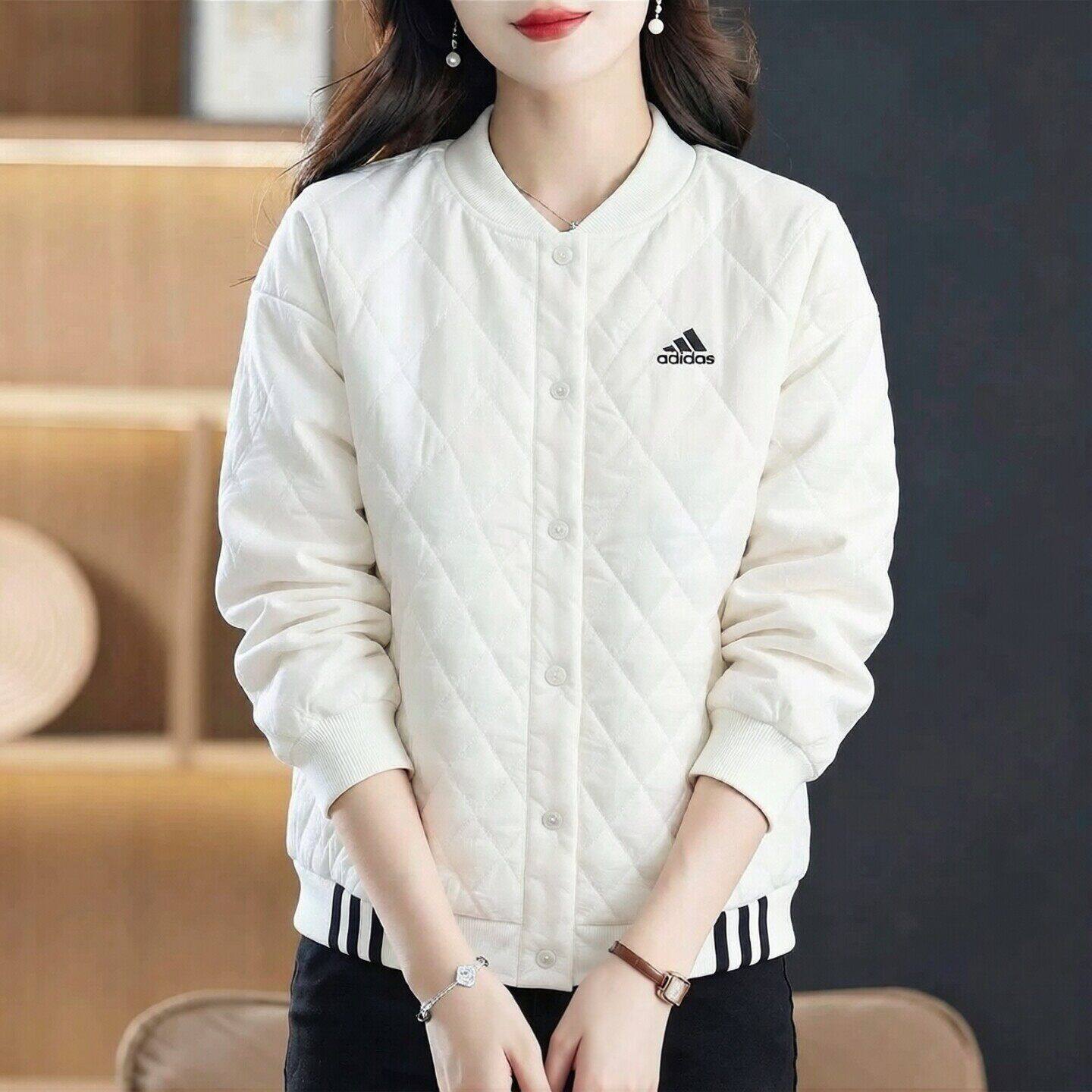 阿迪达斯纯色V领菱形格棉衣女新款长袖户外运动棉服白色休闲外套