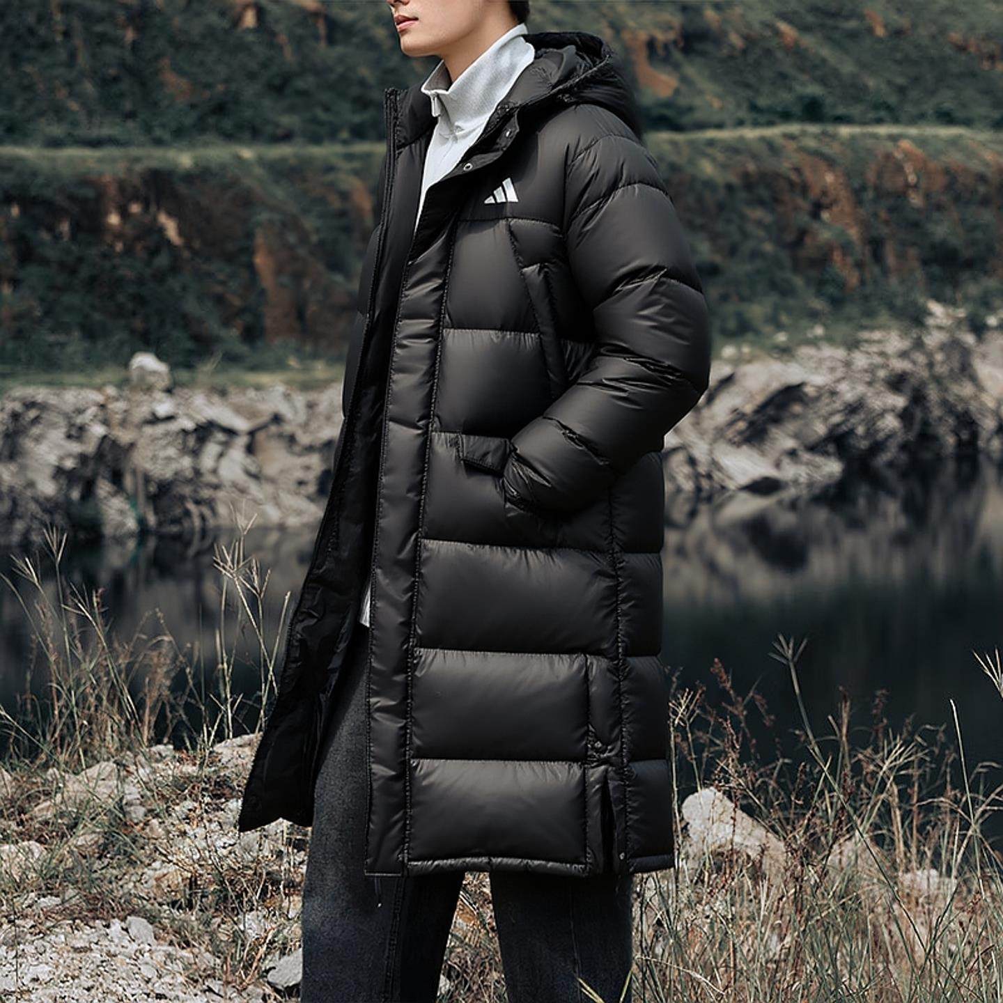 阿迪达斯长款羽绒服男冬季新款黑色过膝保暖宽松外套拒水面包服