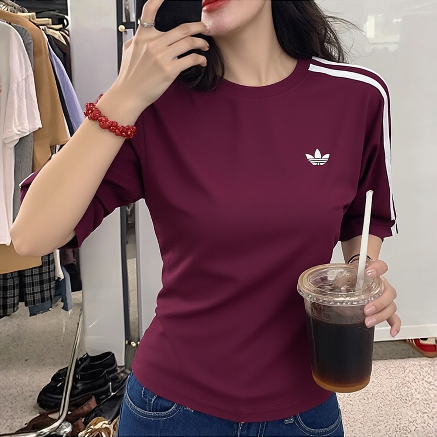 阿迪达斯三叶草短袖女装夏季女修身休闲半袖酒红色运动短袖T恤