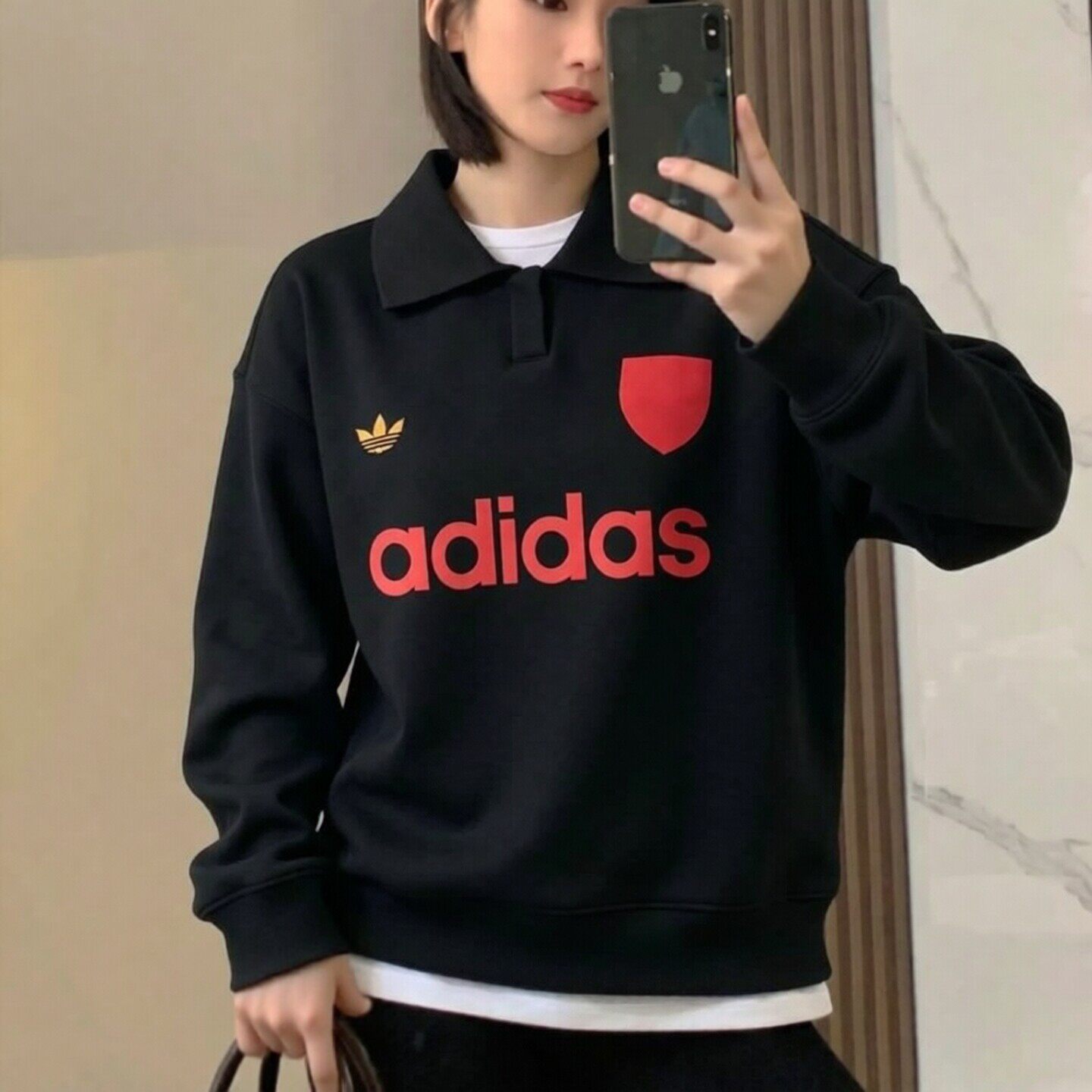 阿迪达斯卫衣女秋季新款宽松翻领复古韩版正品上衣针织运动套头衫