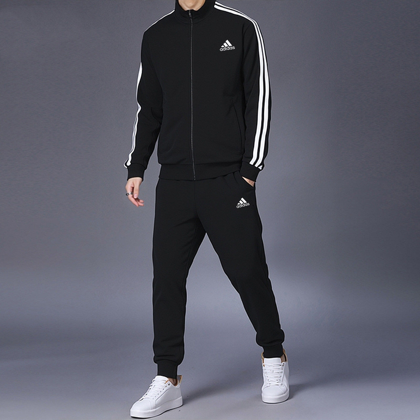 阿迪达斯运动套装男春秋立领外套休闲跑步运动服男士收口小脚长裤