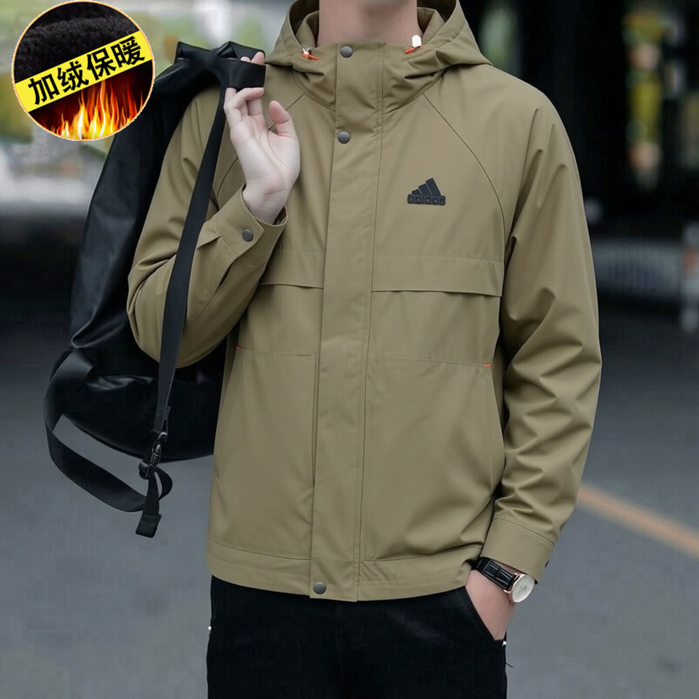 阿迪达斯加绒外套男装新款运动服户外休闲连帽防风保暖梭织工装
