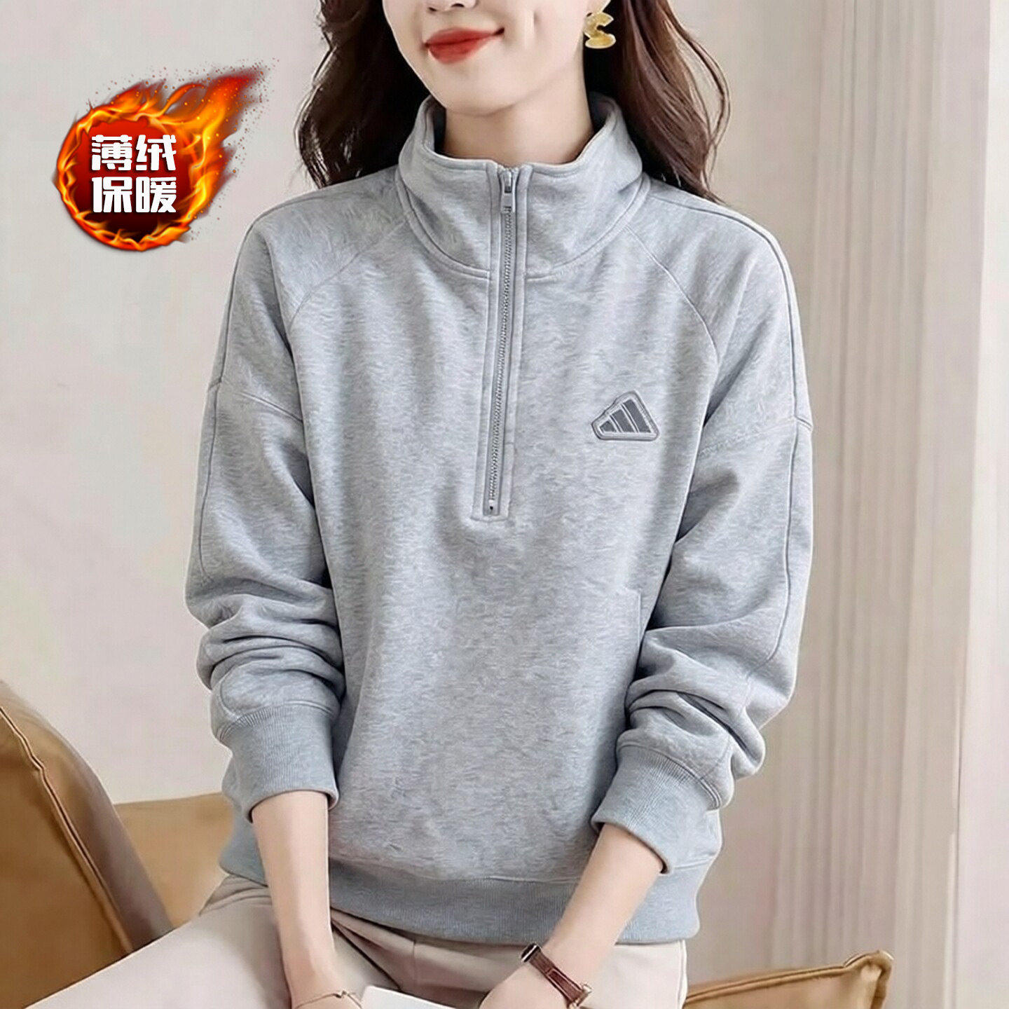 阿迪达斯半拉链卫衣女秋季加绒复古灰色套头衫保暖美式短款外套