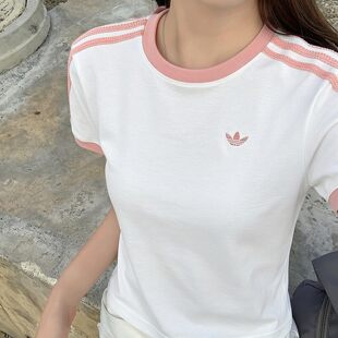 运动美式 阿迪达斯三叶草短袖 白色复古上衣半袖 新款 圆领T恤 女夏季