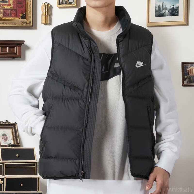 Nike耐克立领羽绒黑色马甲男25冬款休闲运动服保暖宽松外套FB8184