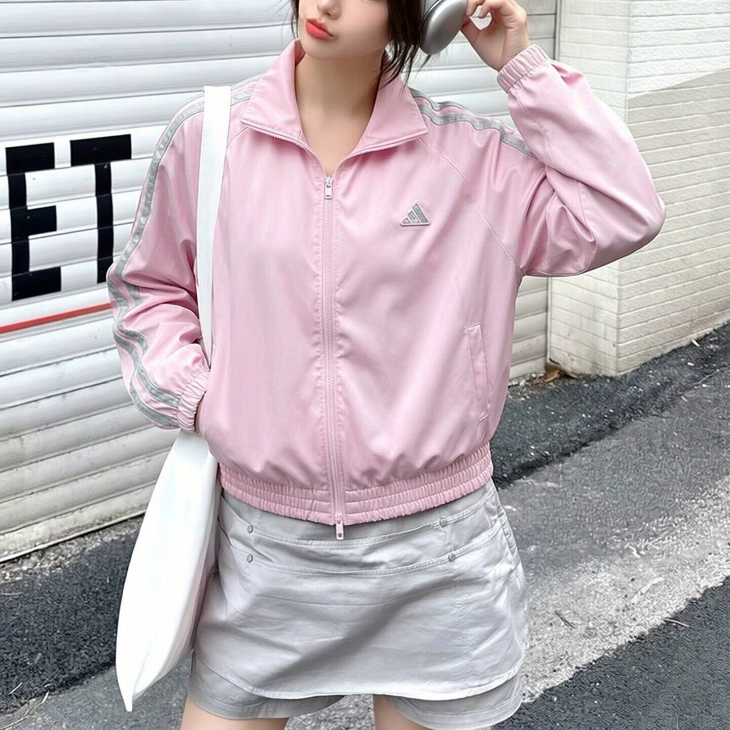 阿迪达斯粉色棒球服女秋季新款立领美式梭织复古透气韩版宽松外套