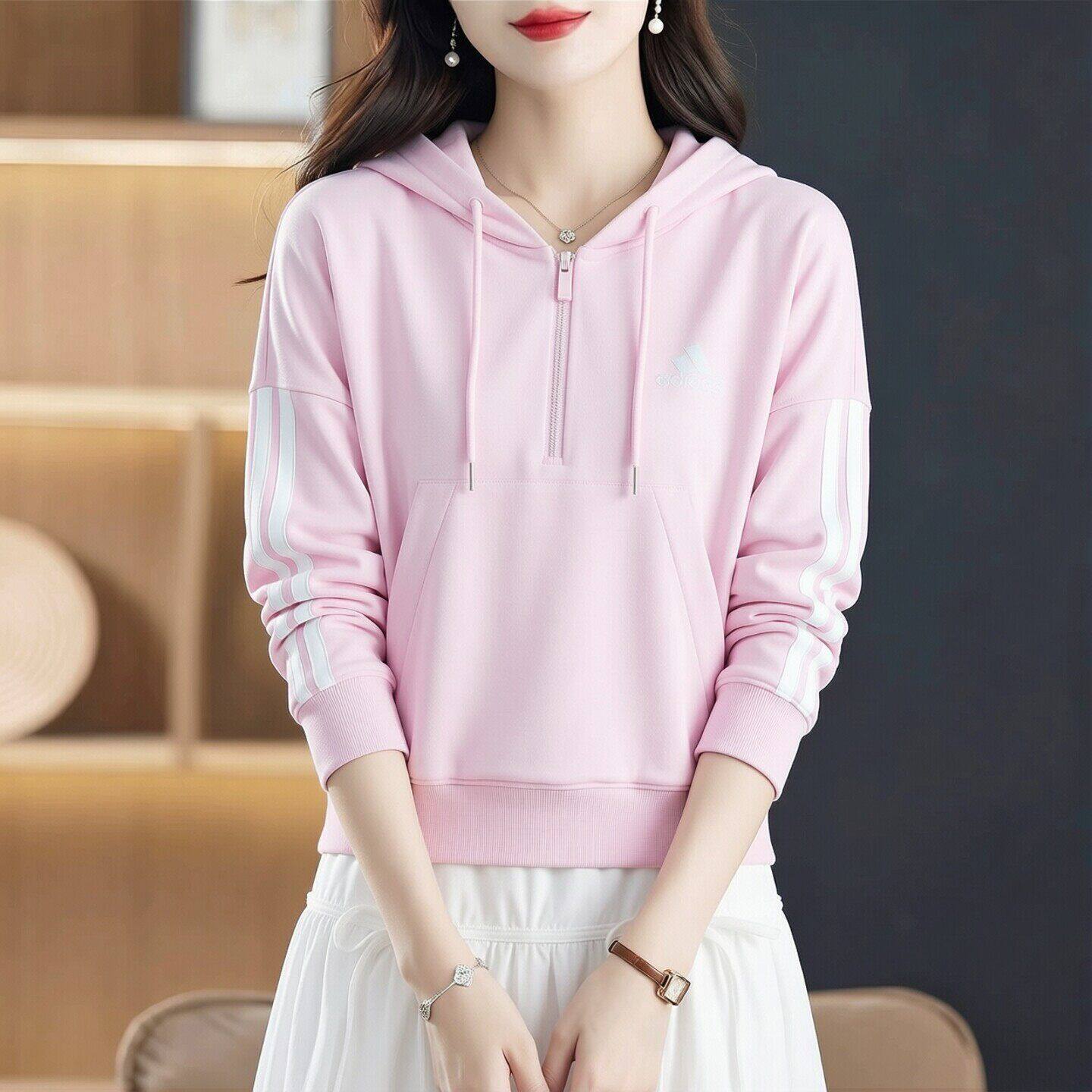 阿迪达斯半拉链粉色卫衣女新款短款宽松运动服美式连帽休闲上衣