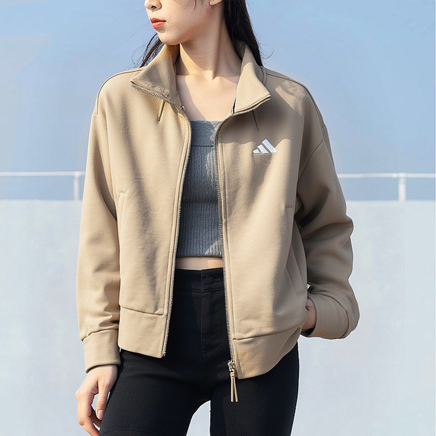 阿迪达斯针织正品外套女装春秋新款运动服透气立领休闲上衣夹克