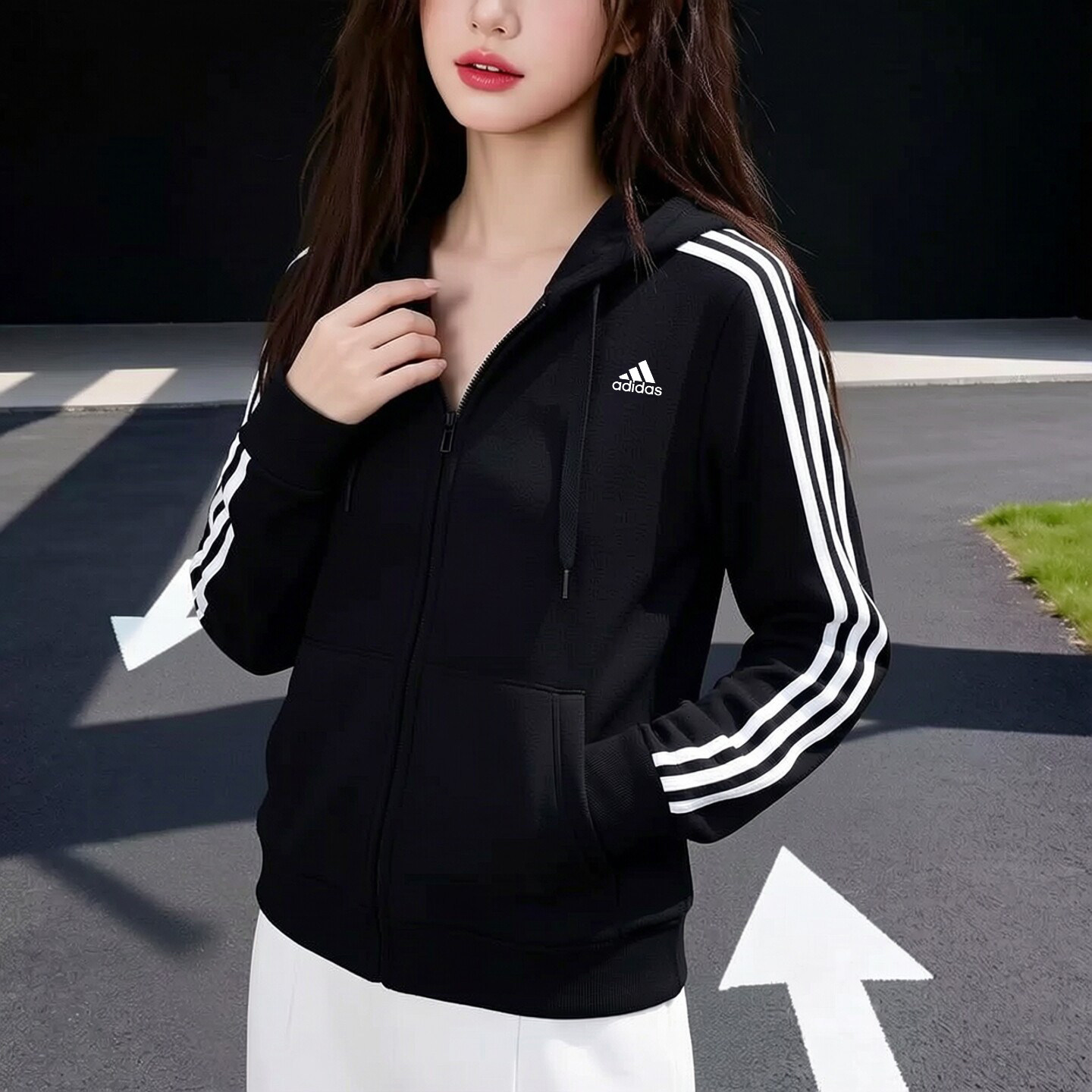 阿迪达斯针织棉质外套女秋季三条纹修身上衣运动休闲连帽衫夹克