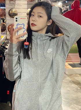 灰色连帽外套Nike耐克春秋季新款运动上衣正品女装宽松休闲棉夹克