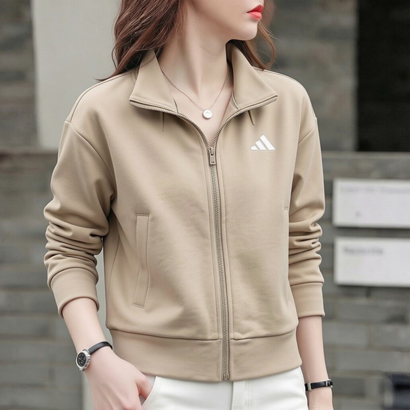 阿迪达斯立领外套女装秋季新款运动服针织跑步训练上衣短款夹克