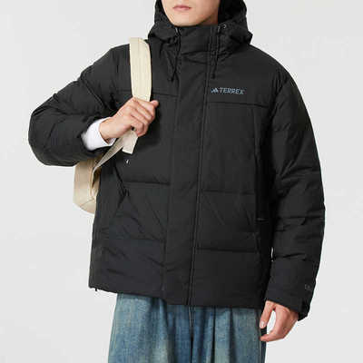 adidas阿迪达斯黑色短款羽绒服三叶草24秋冬新款保暖厚外套IX7924