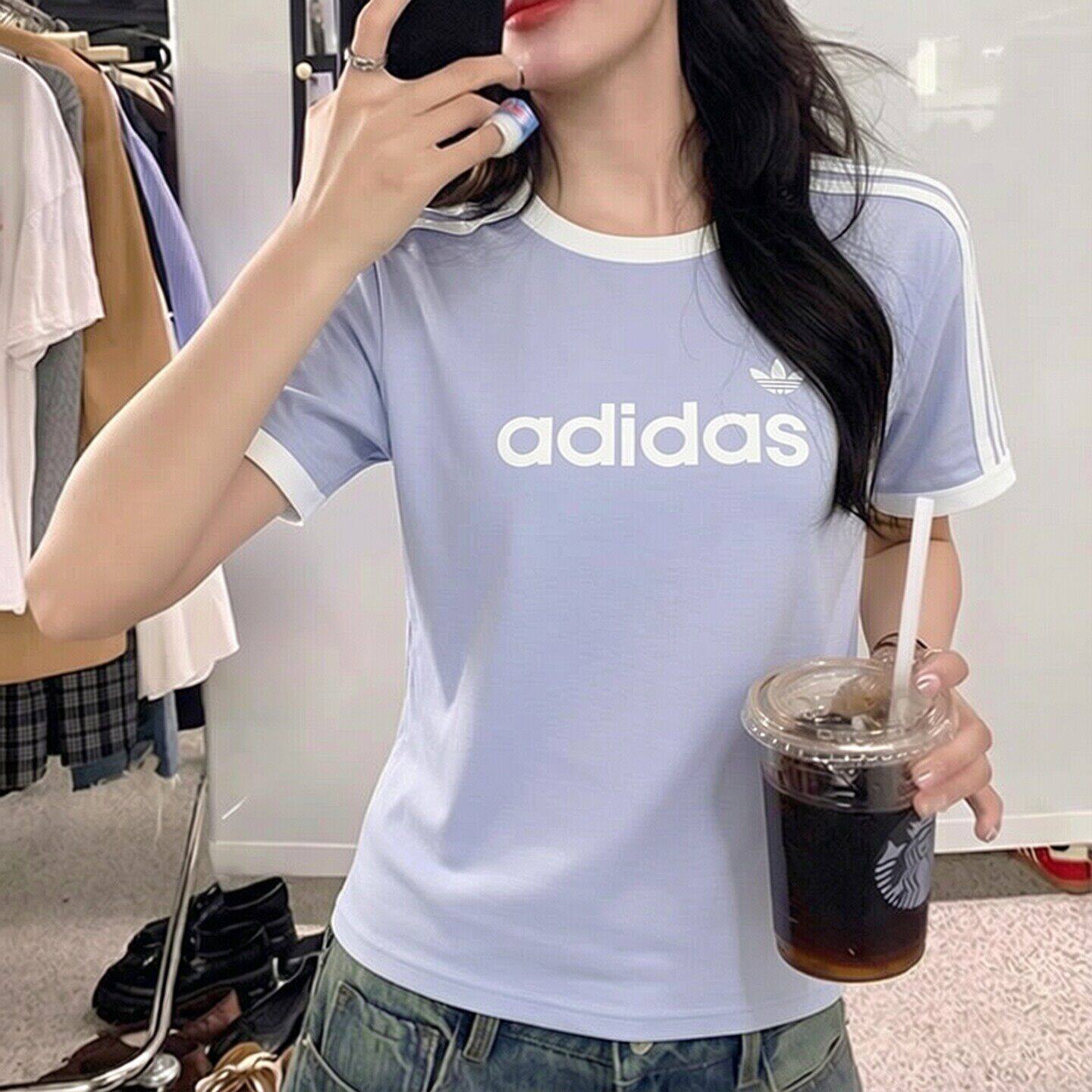 阿迪达斯三叶草短袖t恤女夏季款圆领紫色休闲棉质半袖上衣运动服