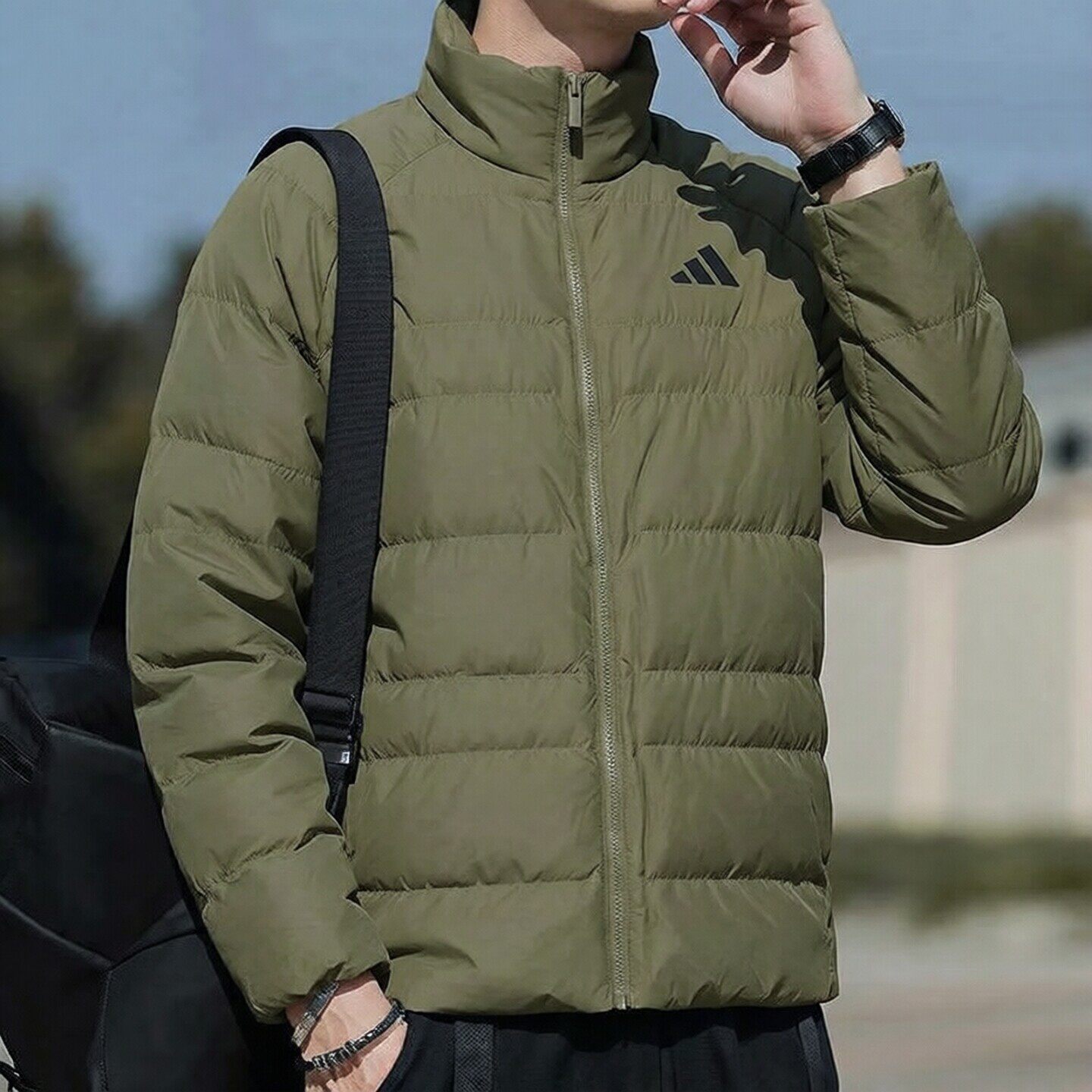 阿迪达斯男士立领拉链夹克棉衣简约纯色防风保暖外套运动休闲棉服