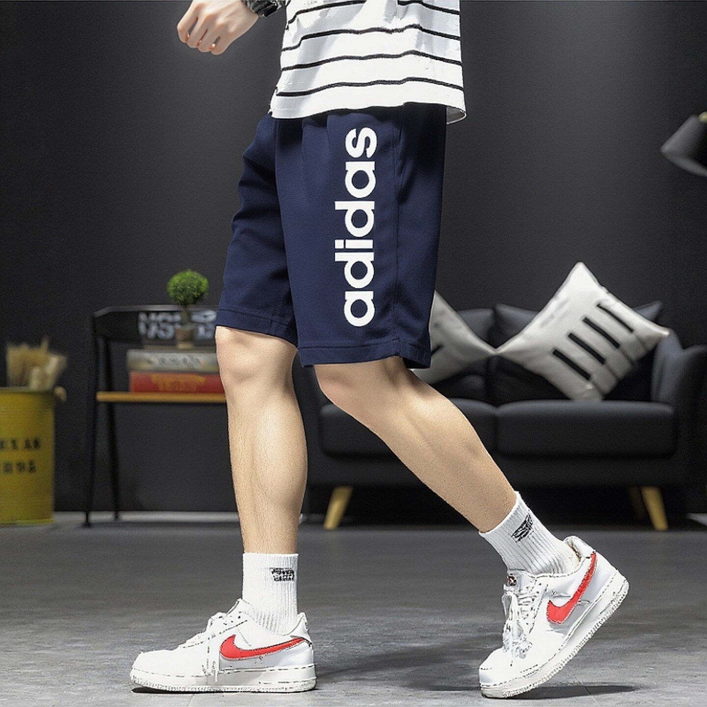 Adidas短裤男速干透气梭织休闲沙滩男士运动夏季正品蓝色五分裤