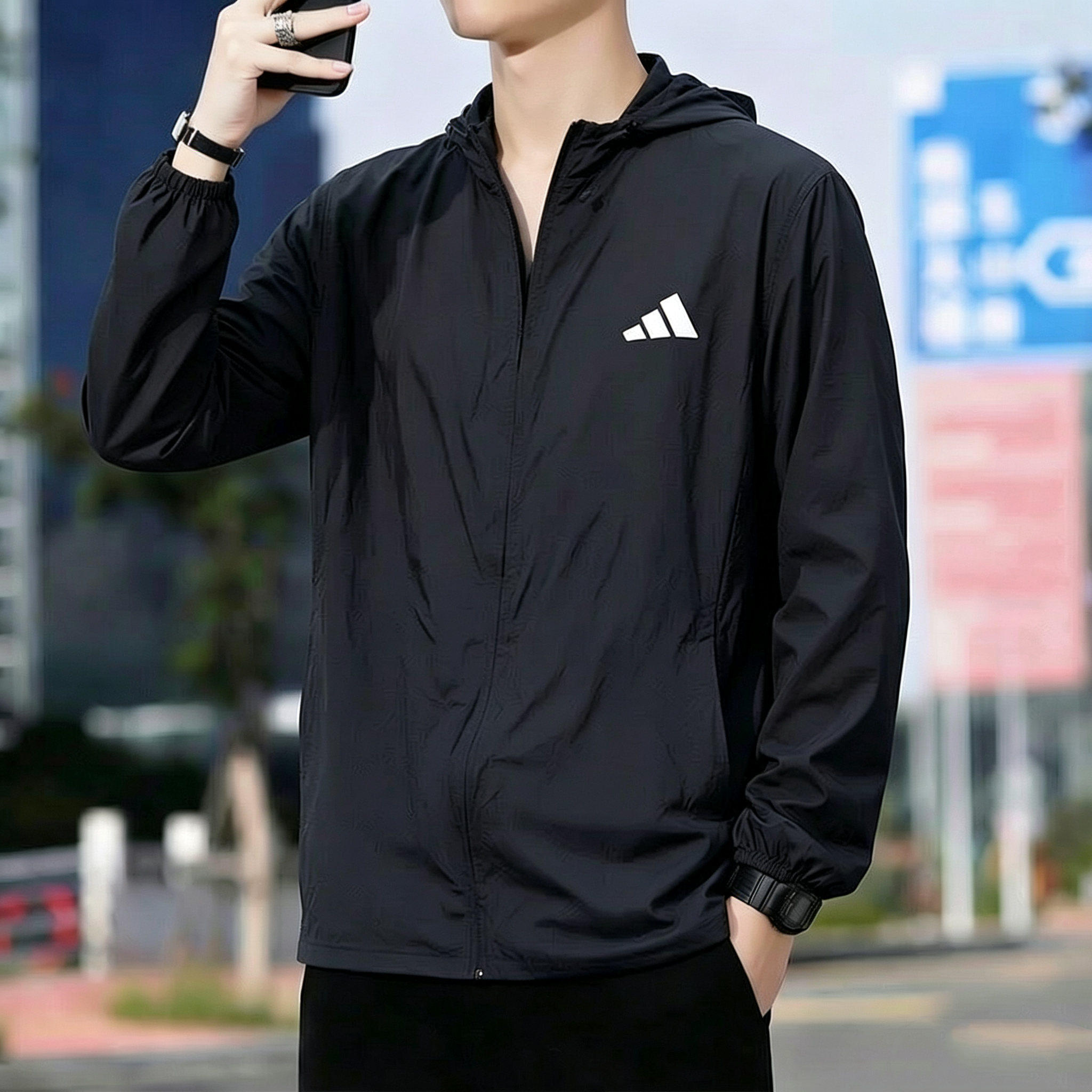 阿迪达斯外套男装新款运动服梭织透气防晒轻薄皮肤衣宽松连帽夹克