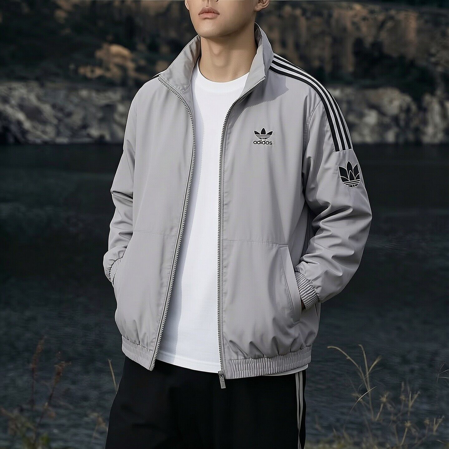 Adidas三叶草外套男新款灰色宽松运动服美式棒球服休闲立领夹克