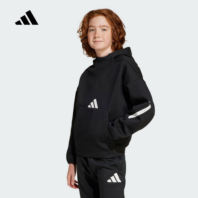 adidas阿迪达斯正品男大童休闲舒适大口袋运动连帽黑色卫衣IS6916