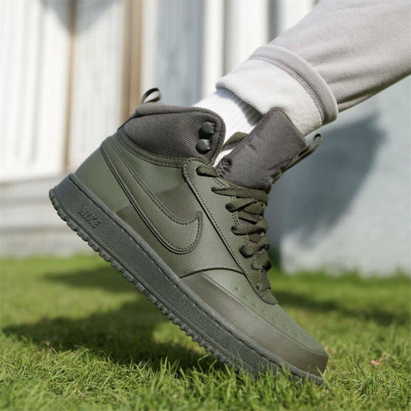 Nike耐克鞋子绿色高筒板鞋冬季正品男鞋厚底运动鞋保暖皮面休闲鞋