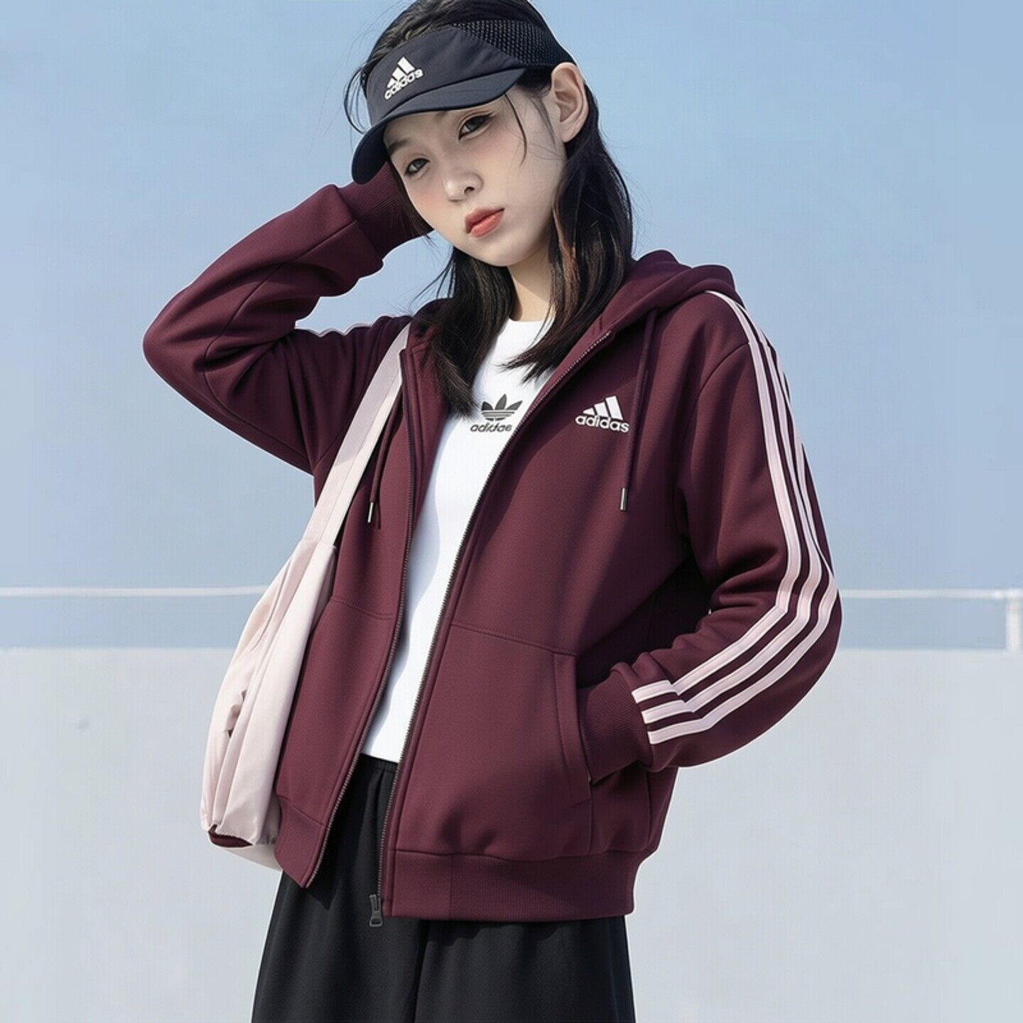 阿迪达斯外套女秋季新款针织复古三条纹酒红连帽防风棒球修身上衣