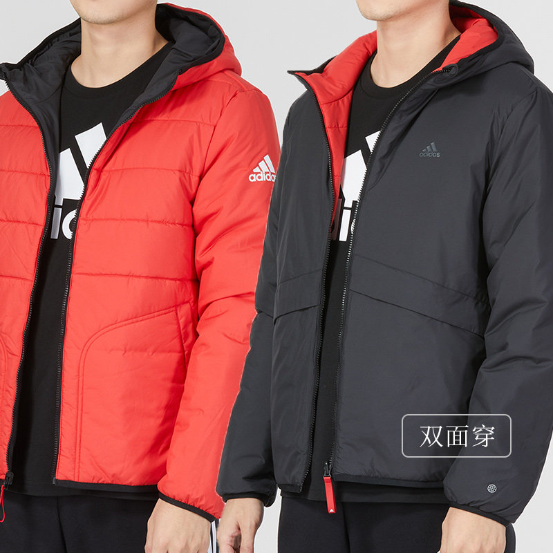 阿迪达斯红色棉服男装秋冬季运动服加厚保暖双面穿连帽夹克棉衣
