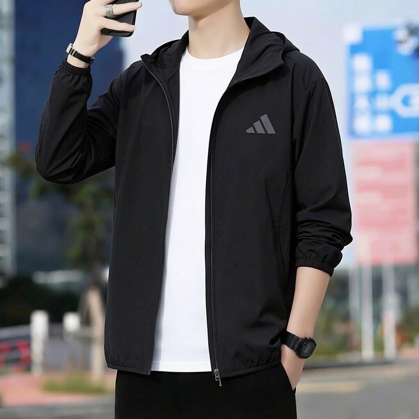 阿迪达斯外套男新款运动服梭织透气速干透气户外上衣连帽防风夹克