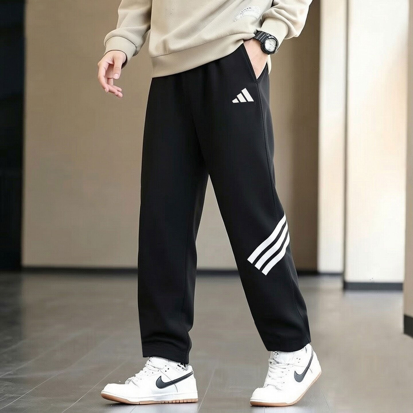 阿迪达斯直筒裤男运动裤秋新款复古长裤针织美式复古宽松篮球裤子