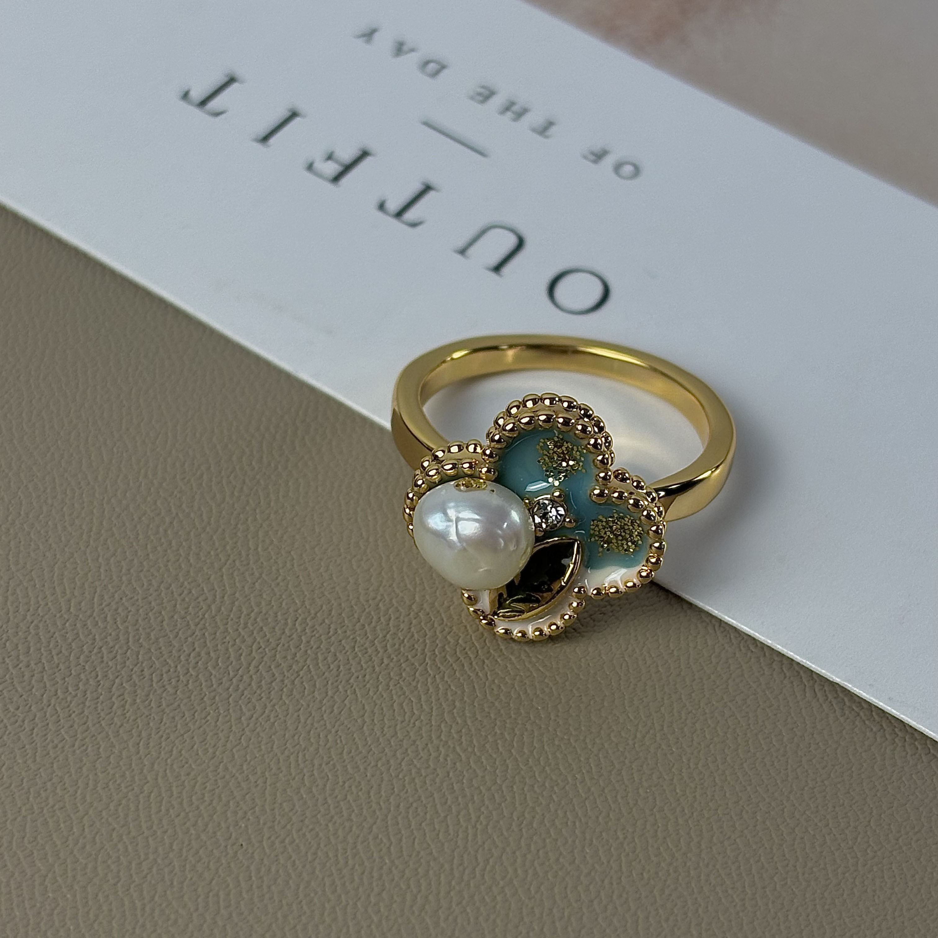 油画风小众气质天然巴洛克珍珠设计感开口指环高级感四叶花戒指