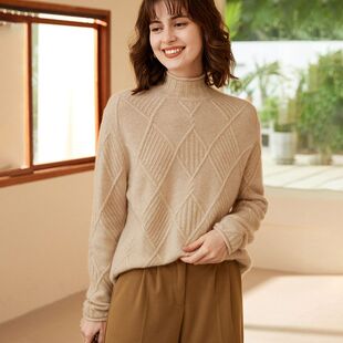 自带领内搭山羊绒衫女套头短款半高领毛衣秋冬加厚打底宽松针织衫