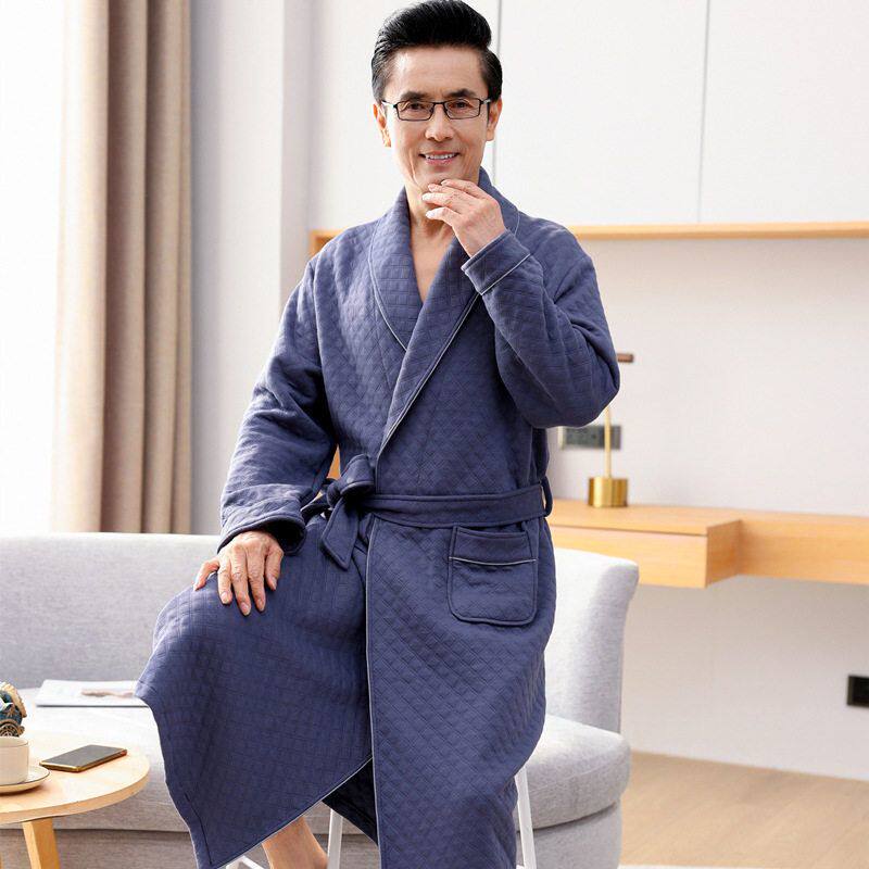 睡袍男士秋冬季睡衣棉质夹层空气棉 浴袍夹棉中老年中长款家居服