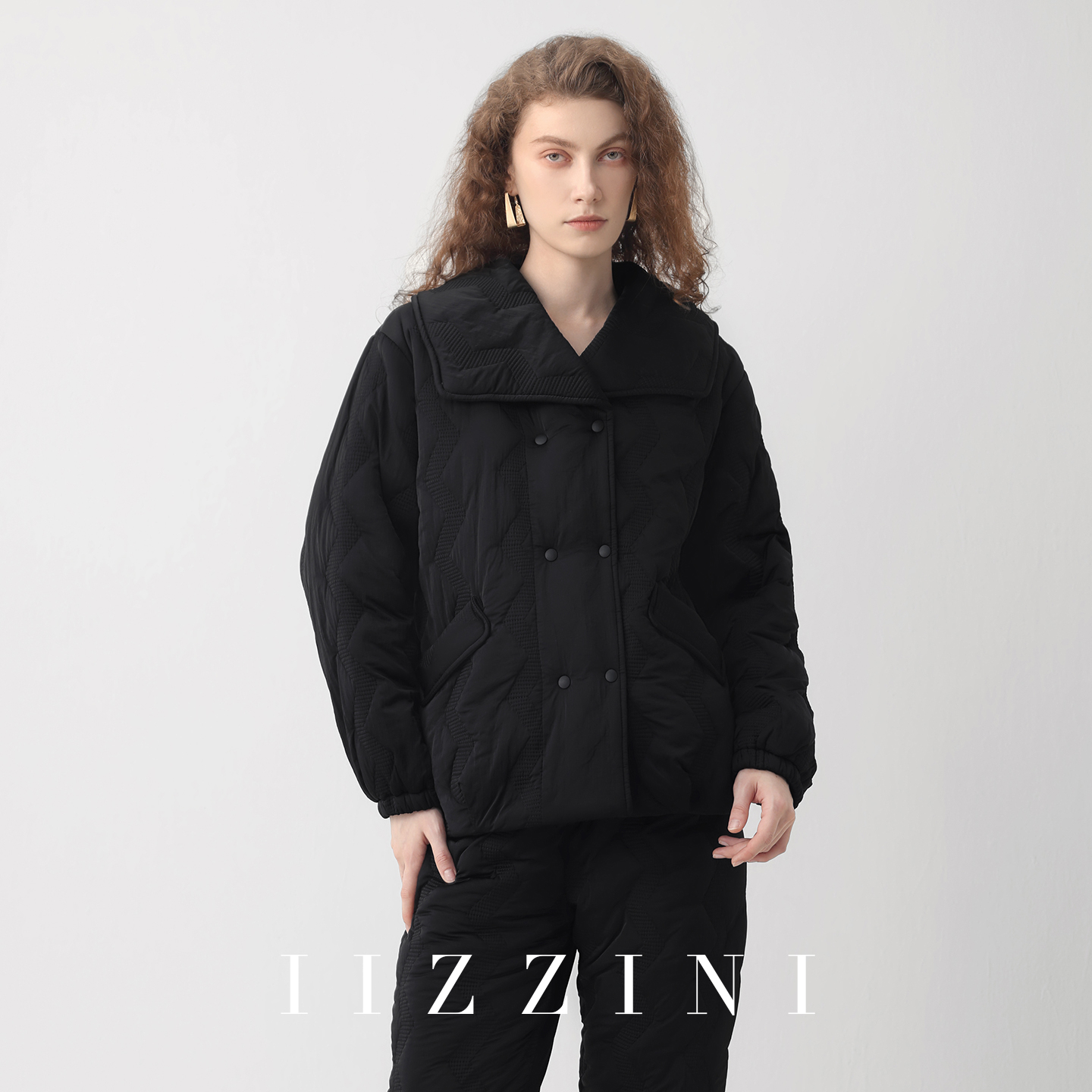 IIZZINI黑色睡衣女加厚夹棉套装