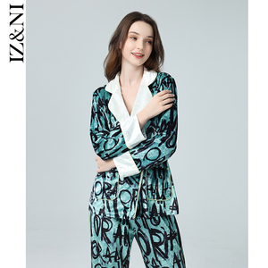 IIZZINI 秋冬新品睡衣女长袖金丝绒松绿色字母印花家居服套装