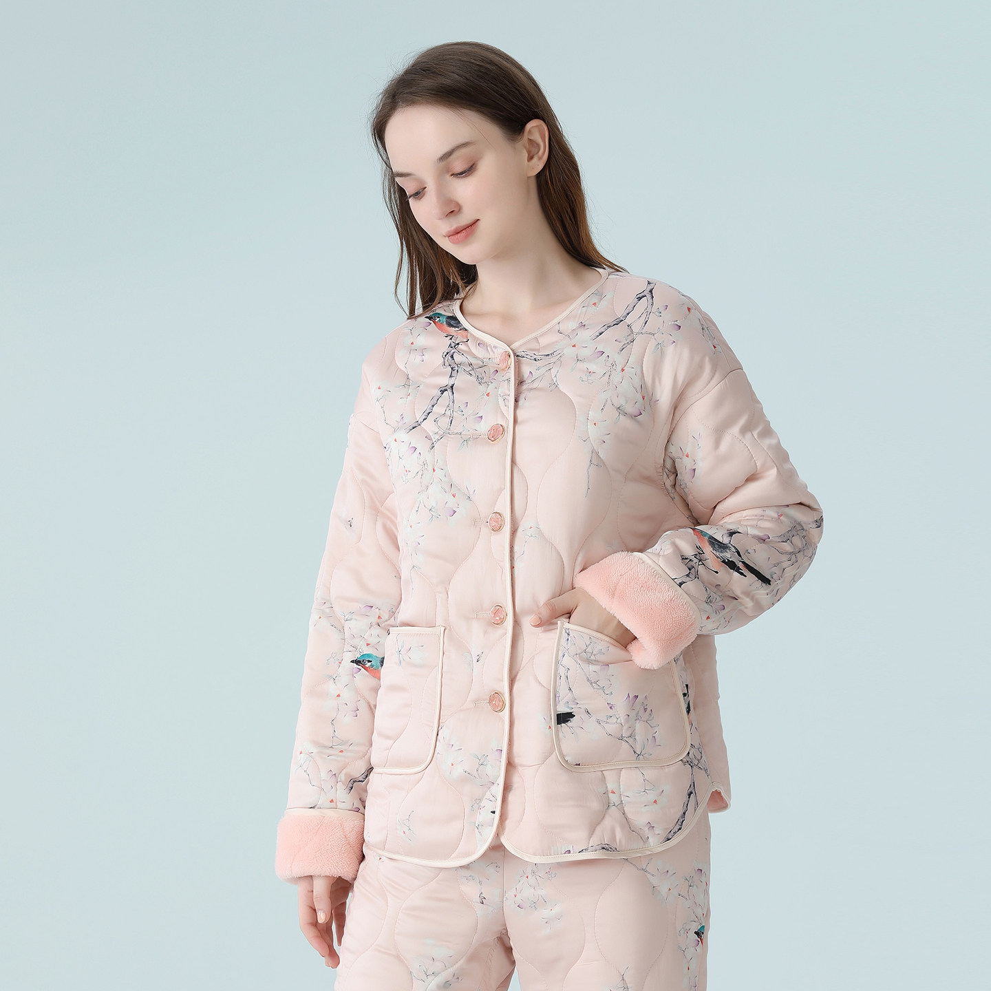 IIZZINI 睡衣女冬长袖夹棉加厚加绒国风画眉鸟奢华家居服套装