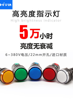 宇达LED配电箱电源指示灯AD22-22BS通用防水信号灯24V220V红绿12V