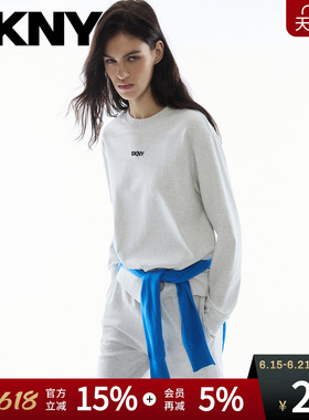 DKNY唐可娜儿26春夏新款圆领卫衣女灰色宽松刺绣简约时尚长袖百搭